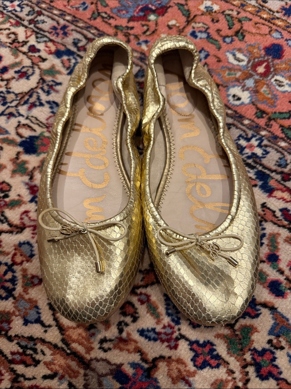 Sam Edelman Metallic Gold Snake-Embossed Ballet Flats with Bow